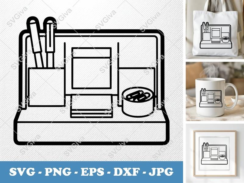Desk Organizer SVG | Modern Pen Holder, Paper Clip Tray, Note Pad | PNG EPS DXF for Cricut, Silhouette | Office Supply Cut File
