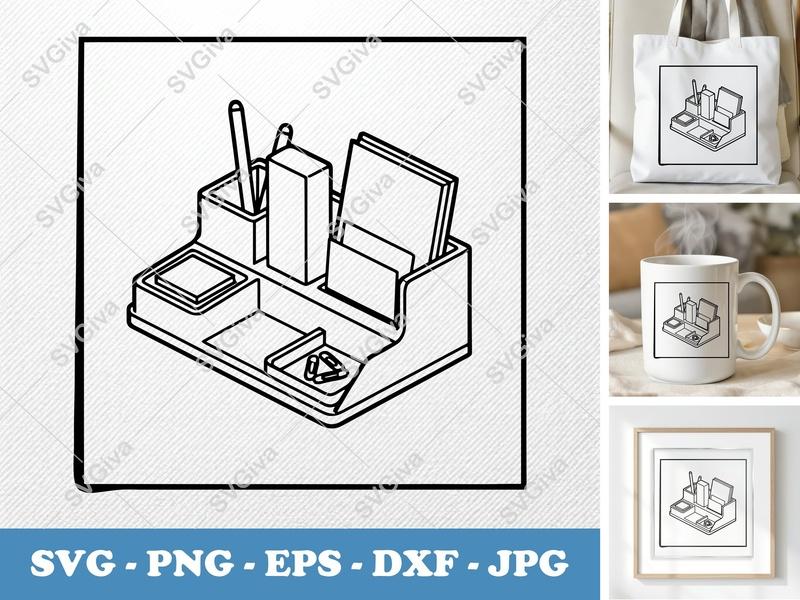Desk Organizer SVG | Modern Pen Holder & Paper Tray | Digital Cut File for Cricut, Silhouette | PNG EPS DXF Vector