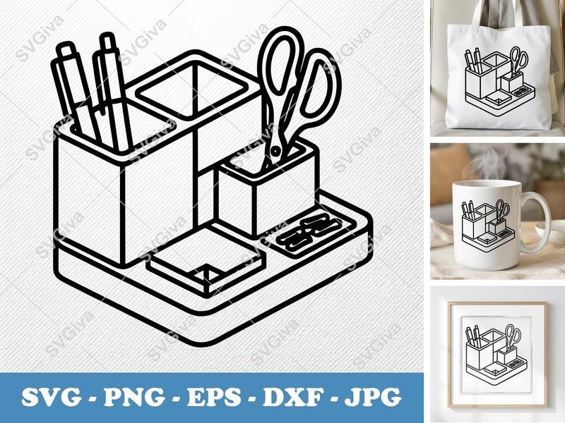 Desk Organizer SVG | Modern Pen Holder, Scissor Slot, Paperclip Tray | PNG EPS DXF | Cricut Silhouette Cut File