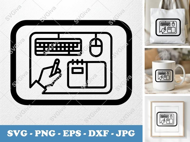 Desk Pad SVG, Modern Workspace Design with Keyboard Mouse Notebook Hand Writing | PNG EPS DXF for Cricut, Silhouette