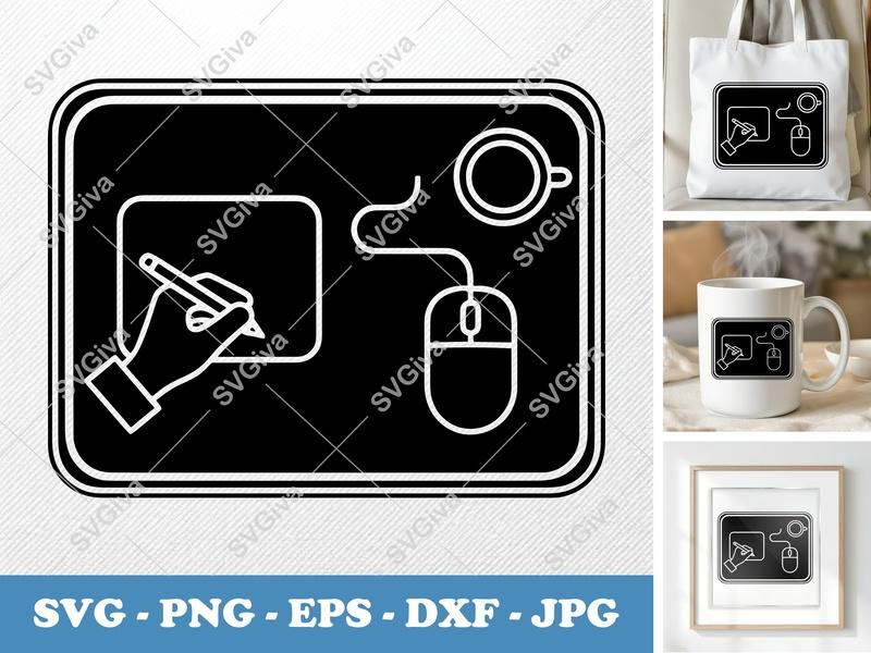 Desk Pad SVG | Modern Workspace Icon, Hand Writing, Mouse, Coffee Cup | PNG EPS DXF for Cricut, Silhouette
