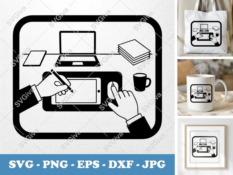 Desk Pad SVG | Modern Workspace Icon, Laptop, Tablet, Mouse, Coffee Cup | PNG EPS DXF for Cricut & Silhouette