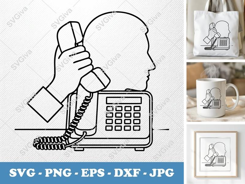 Desk Phone SVG, Modern Clean Line Art with Head & Hand, PNG EPS DXF for Cricut & Silhouette