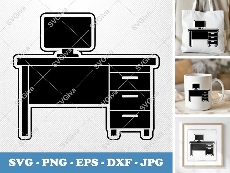 Desk SVG | Computer Monitor | Modern Office Furniture | Desk with Drawers Cut File for Cricut, Silhouette | PNG EPS DXF