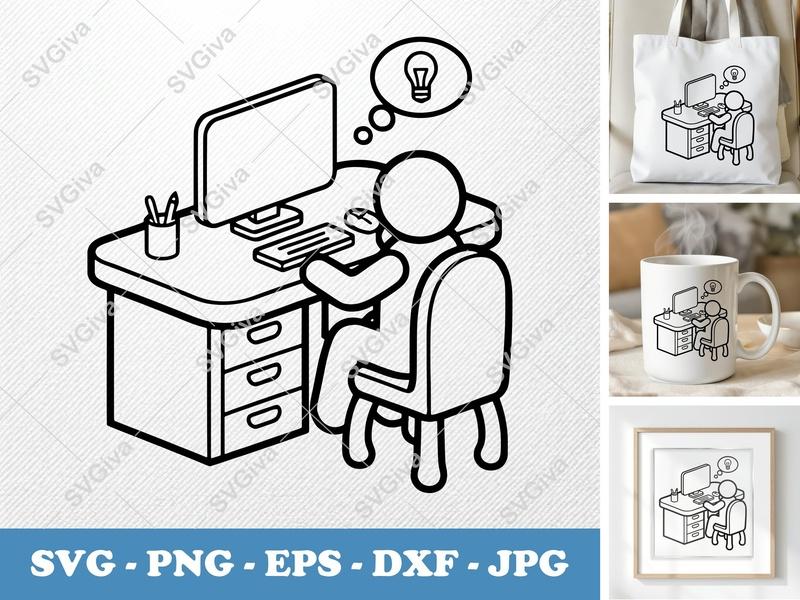 Desk SVG | Computer Workstation with Person, Idea Bubble | PNG EPS DXF for Cricut, Silhouette | Creative Office Clipart