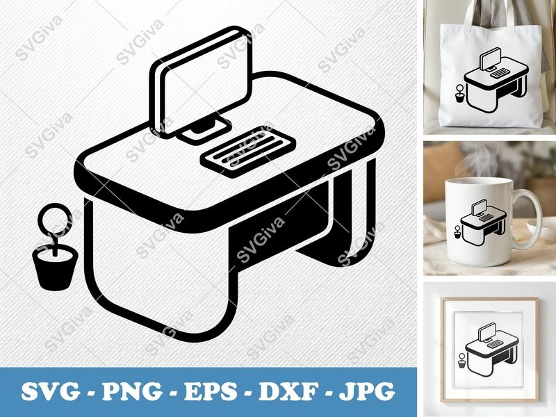 Desk SVG | Modern Computer Desk with Plant | PNG EPS DXF | Cricut Silhouette Cut File, Workspace Icon
