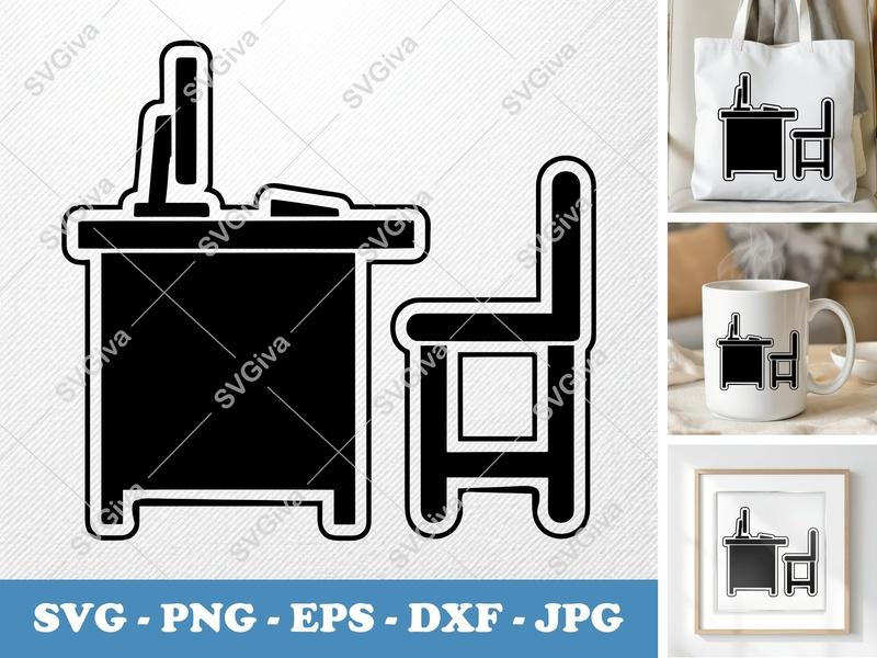 Desk SVG | Modern Minimalist Desk & Chair Cut File | PNG EPS DXF for Cricut & Silhouette