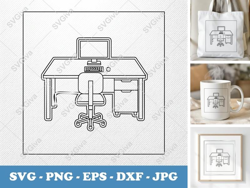 Desk SVG | Modern Minimalist Workspace with Chair, Computer, Drawers | PNG EPS DXF for Cricut Silhouette