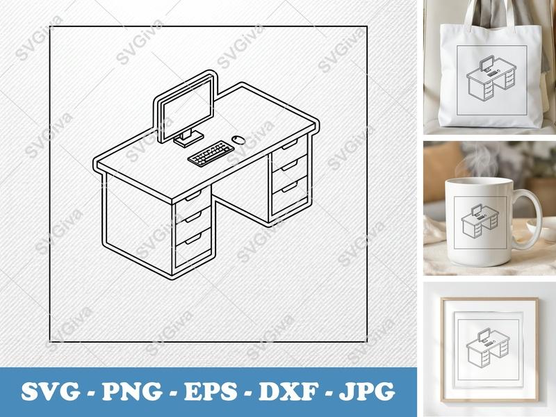 Desk SVG | Modern Minimalist Workspace with Computer, Keyboard, Mouse | PNG EPS DXF | Cricut Silhouette Cut File