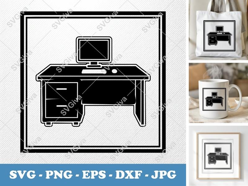 Desk SVG | Modern Minimalist Workspace with Computer | PNG EPS DXF for Cricut Silhouette