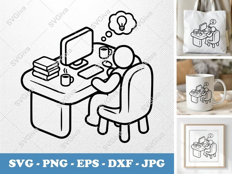 Desk SVG | Modern Minimalist Workspace with Person, Computer, Books, Coffee | PNG EPS DXF for Cricut Silhouette