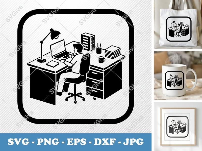 Desk SVG | Modern Minimalist Workspace with Person, Laptop, Lamp | PNG EPS DXF for Cricut, Silhouette