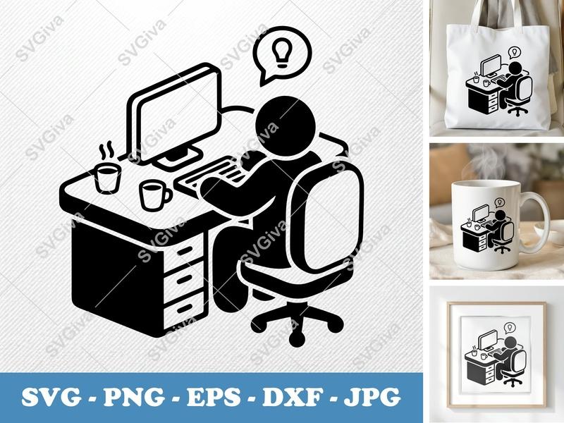 Desk SVG | Modern Worker Clipart | Computer, Chair, Coffee | PNG EPS DXF for Cricut & Silhouette