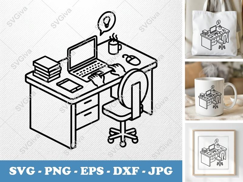 Desk SVG | Modern Workspace Cut File with Laptop, Chair, Cup, Books | PNG EPS DXF for Cricut, Silhouette
