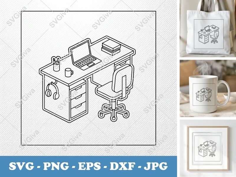 Desk SVG | Modern Workspace Cut File with Laptop, Chair, Headphones | PNG EPS DXF | Cricut Silhouette Ready