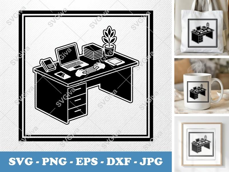 Desk SVG | Modern Workspace Cut File with Laptop, Hands, Plant | PNG EPS DXF for Cricut, Silhouette | Home Office Vector