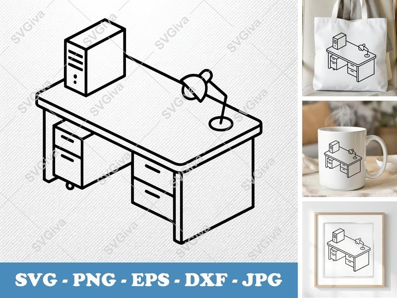 Desk SVG | Modern Workstation with PC & Lamp | PNG EPS DXF for Cricut & Silhouette | Home Office Decor Cut File