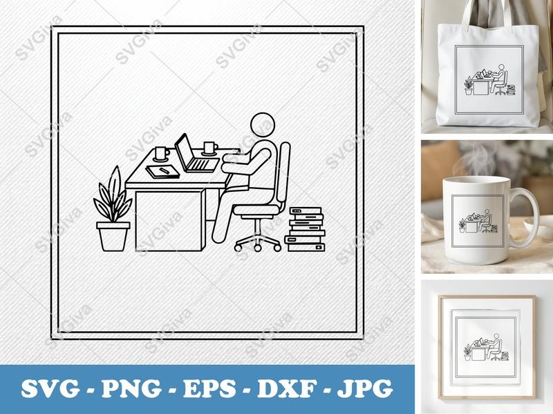 Desk SVG | Person Working, Laptop, Coffee, Plant | PNG EPS DXF | Cricut Silhouette Cut File