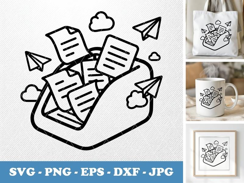 Document Tray in active use SVG | Puffy Document Tray with Paper Airplanes & Clouds | PNG EPS DXF for Cricut Silhouette
