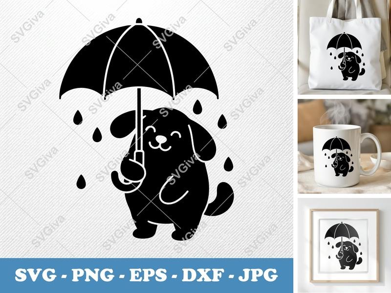Dog holding umbrella SVG | Puffy Soft Shapes | Inflated Pillow-Soft Design | PNG DXF EPS | Cricut Silhouette File