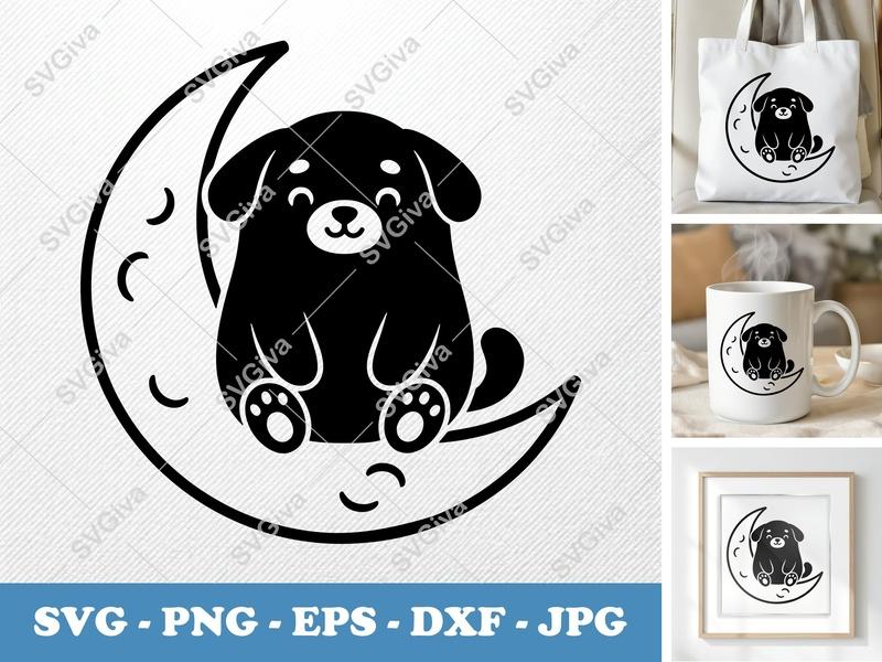 Dog on Moon SVG | Cute Puppy Modern Clean Design | PNG EPS DXF for Cricut Silhouette Cutting Machines