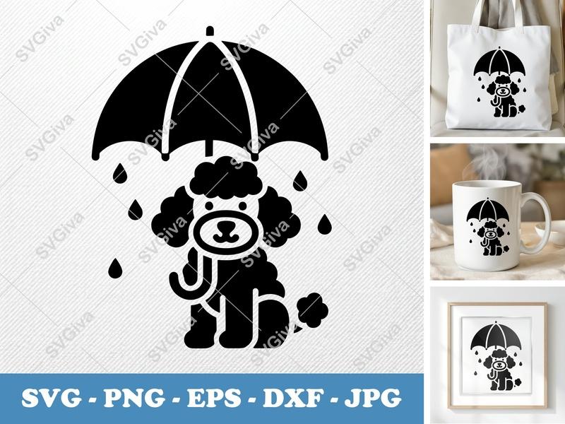 Dog Poodle Umbrella SVG | Raindrop Cut File | Modern Pet Clipart for Cricut & Silhouette | PNG EPS DXF Vector