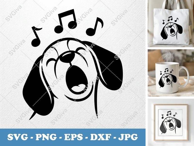 Dog Singing SVG | Howling Music Notes PNG EPS DXF Cut File for Cricut, Silhouette | Modern Clean Design