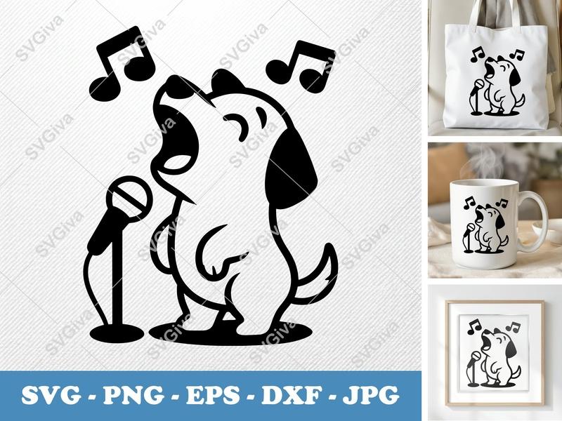 Dog Singing SVG, Microphone Music Notes PNG, EPS, DXF | Cute Puppy Cut File for Cricut & Silhouette Machines