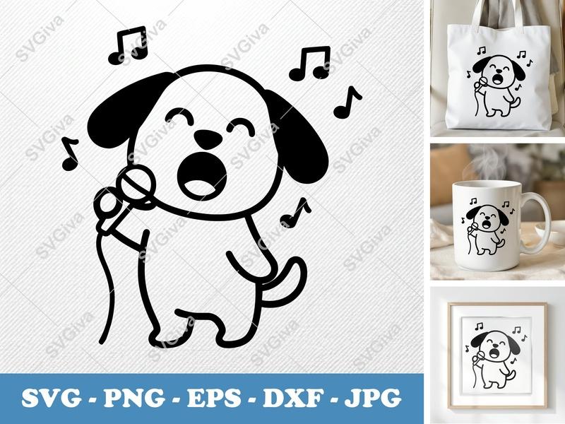 Dog Singing SVG, Modern Clean Vocalist Puppy PNG EPS DXF | Cricut Silhouette Cut File, Music Notes Pet Vector Clipart