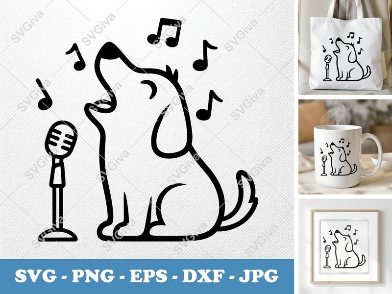 Dog Singing SVG, Modern Clean Vocalist Puppy with Microphone, Music Notes PNG EPS DXF | Cricut Silhouette File