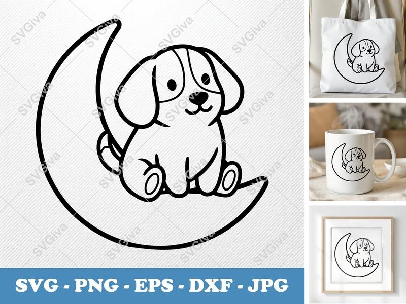 Dog Sitting on Moon SVG | Puffy Cartoon Style | PNG DXF EPS | Cricut Silhouette File