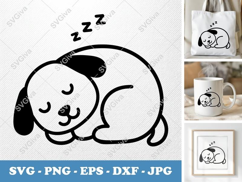 Dog Sleeping SVG | Cute Puppy Dreamin' PNG EPS DXF | Cricut Silhouette Cut File | Modern Clean Design | Pet Lover Download