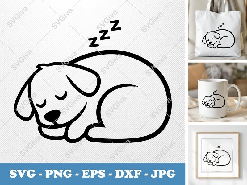 Dog Sleeping SVG | Cute Puppy Modern Clean Design | PNG EPS DXF | Cricut Silhouette Cut File | Pet Nap Zzz Decal