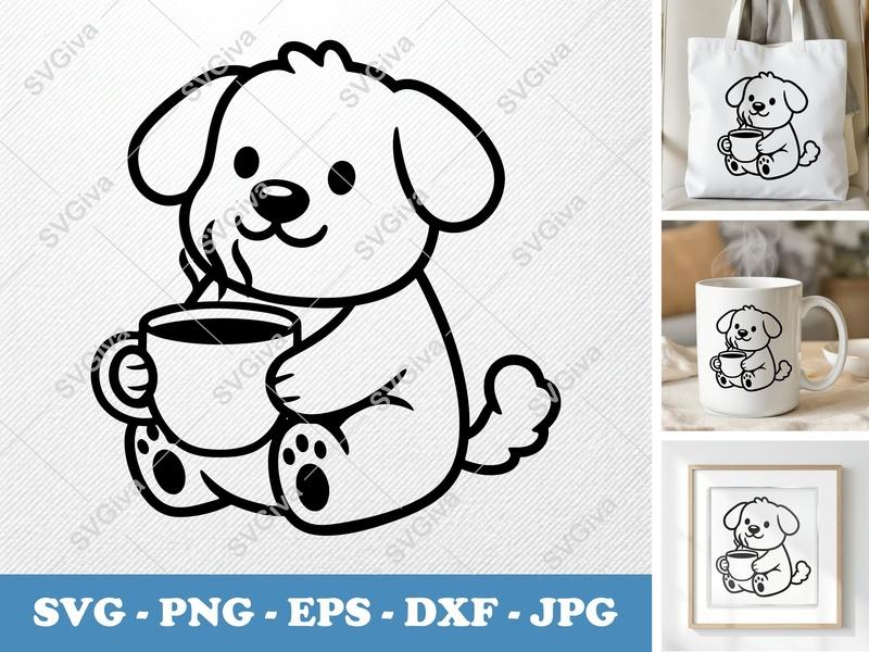 Dog SVG Coffee Cup, Cute Puppy Hot Drink | Modern Clean Design | PNG EPS DXF for Cricut, Silhouette