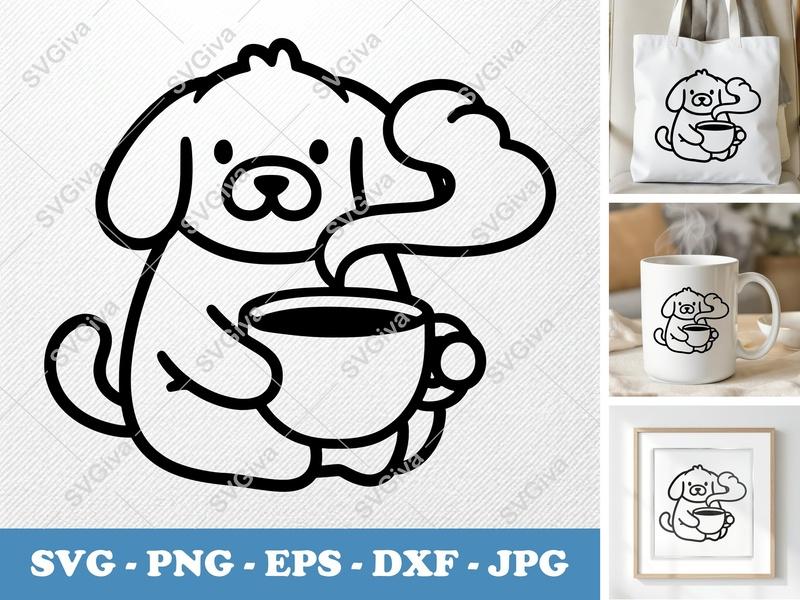 Dog SVG, Coffee Cup Modern Clean Design, PNG EPS DXF, Cricut Silhouette Cut File, Puppy Coffee Lover Vector Clipart