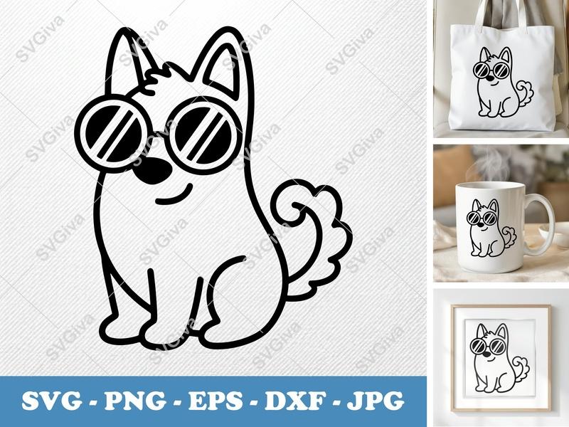 Dog SVG, Cool Sunglasses Dog, Modern Pet Cut File | PNG EPS DXF for Cricut & Silhouette, Cute Animal Clipart Vector