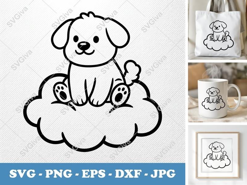 Dog SVG Cute Puppy on Cloud | Modern Clean Design | PNG EPS DXF | Cricut Silhouette Cut File