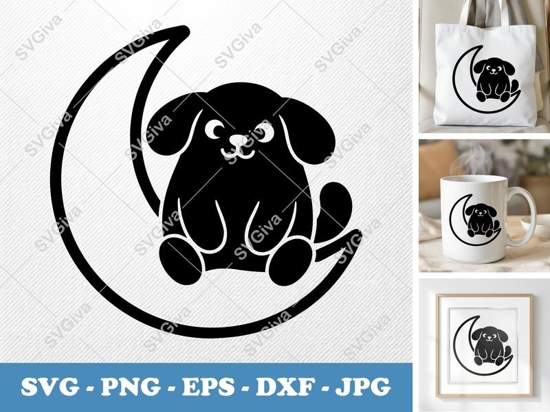 Dog SVG | Cute Puppy on Moon Cut File | Modern Celestial Design | PNG EPS DXF for Cricut & Silhouette