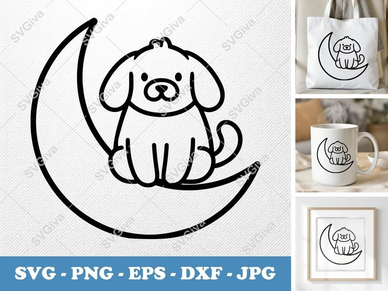 Dog SVG, Cute Puppy on Moon, Modern Clean Design | PNG EPS DXF | Cricut Silhouette Cut File, Pet Lover Gift