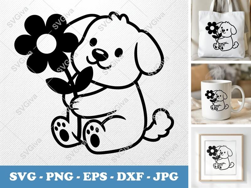 Dog SVG, Cute Puppy with Flower Cut File | Modern Clean Design, PNG EPS DXF for Cricut & Silhouette