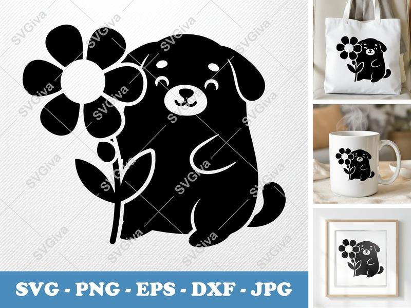 Dog SVG, Cute Puppy with Flower, Modern Clean Design, PNG EPS DXF | Cricut Silhouette Cut File, Animal Clipart