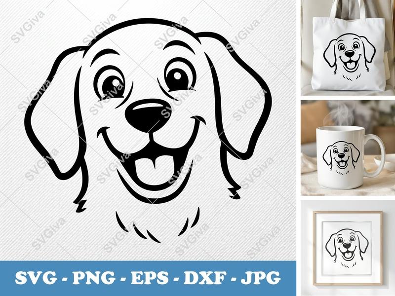 Dog SVG, Happy Puppy Face Cut File, Modern Clean Line Art | PNG EPS DXF for Cricut Silhouette