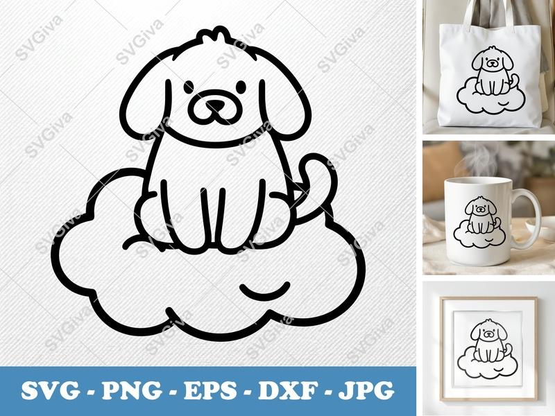 Dog SVG, Modern Cute Puppy on Cloud, Animal Cut File, PNG EPS DXF for Cricut & Silhouette, Pet Lover Clipart