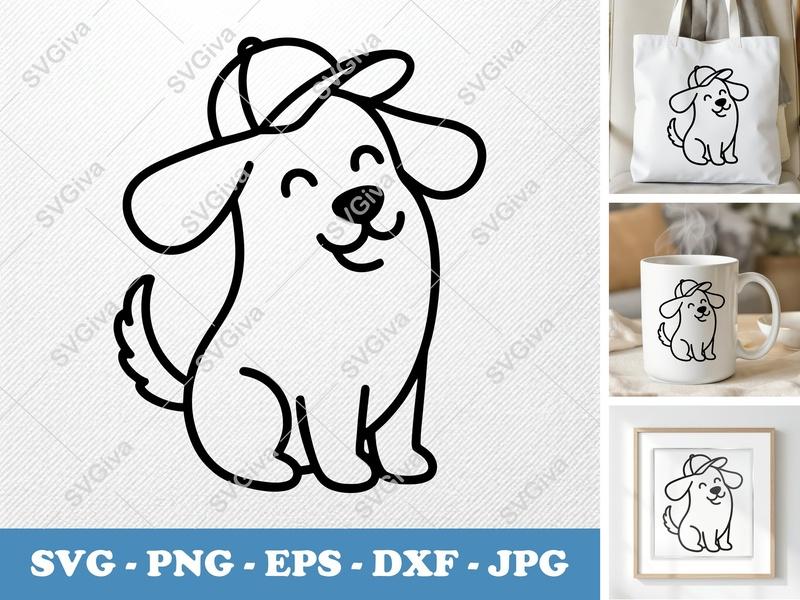 Dog SVG, Modern Cute Puppy with Hat, Happy Pet Line Art | PNG EPS DXF for Cricut & Silhouette