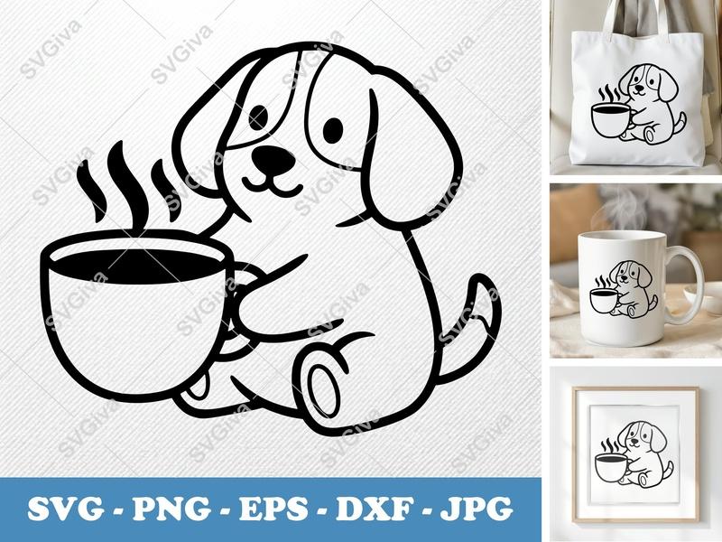 Dog with Coffee Cup SVG | Puffy Soft Forms | PNG DXF EPS | Cricut Silhouette File