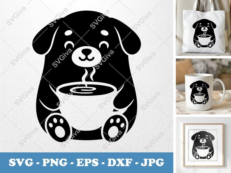 Dog with Coffee SVG | Puppy Modern Clean Design PNG EPS DXF | Cricut Silhouette Cut File | Cute Animal Drink Art