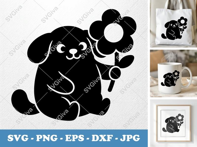 Dog with Flower SVG | Modern Clean Puppy Cut File | PNG EPS DXF for Cricut & Silhouette | Kawaii Pet Clipart
