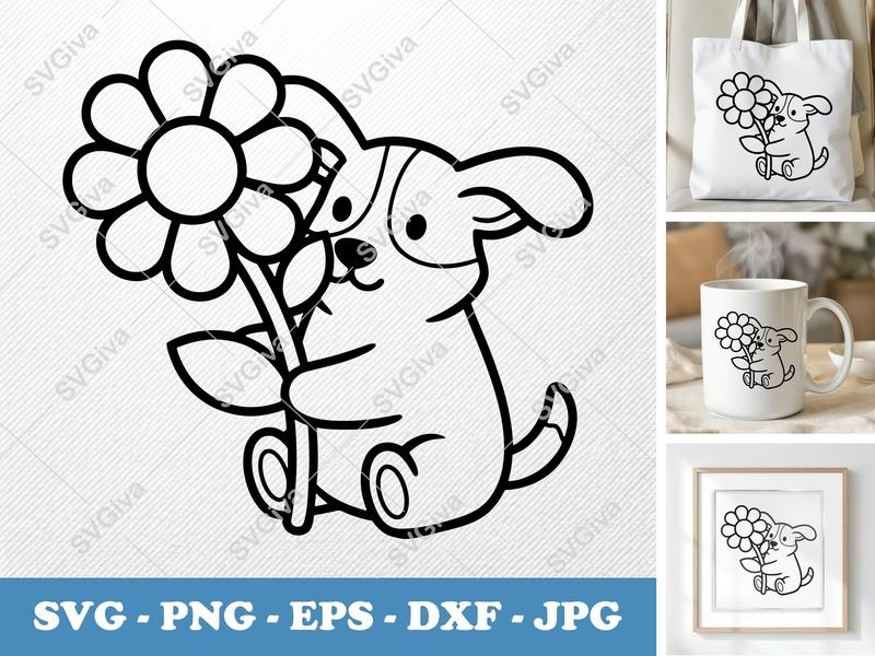 Dog with Flower SVG | Puffy Soft Shapes | SVG, PNG, DXF, EPS | Cricut & Silhouette File