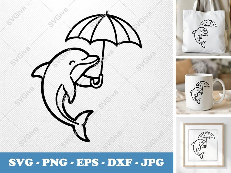 Dolphin Holding Umbrella SVG PNG DXF EPS | Ocean Animal Cut File Cricut Silhouette Vector