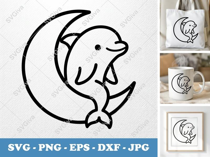 Dolphin on Moon SVG | Cute Animal PNG EPS DXF | Modern Clean Line Art for Cricut & Silhouette | Ocean Sea Life Cut File